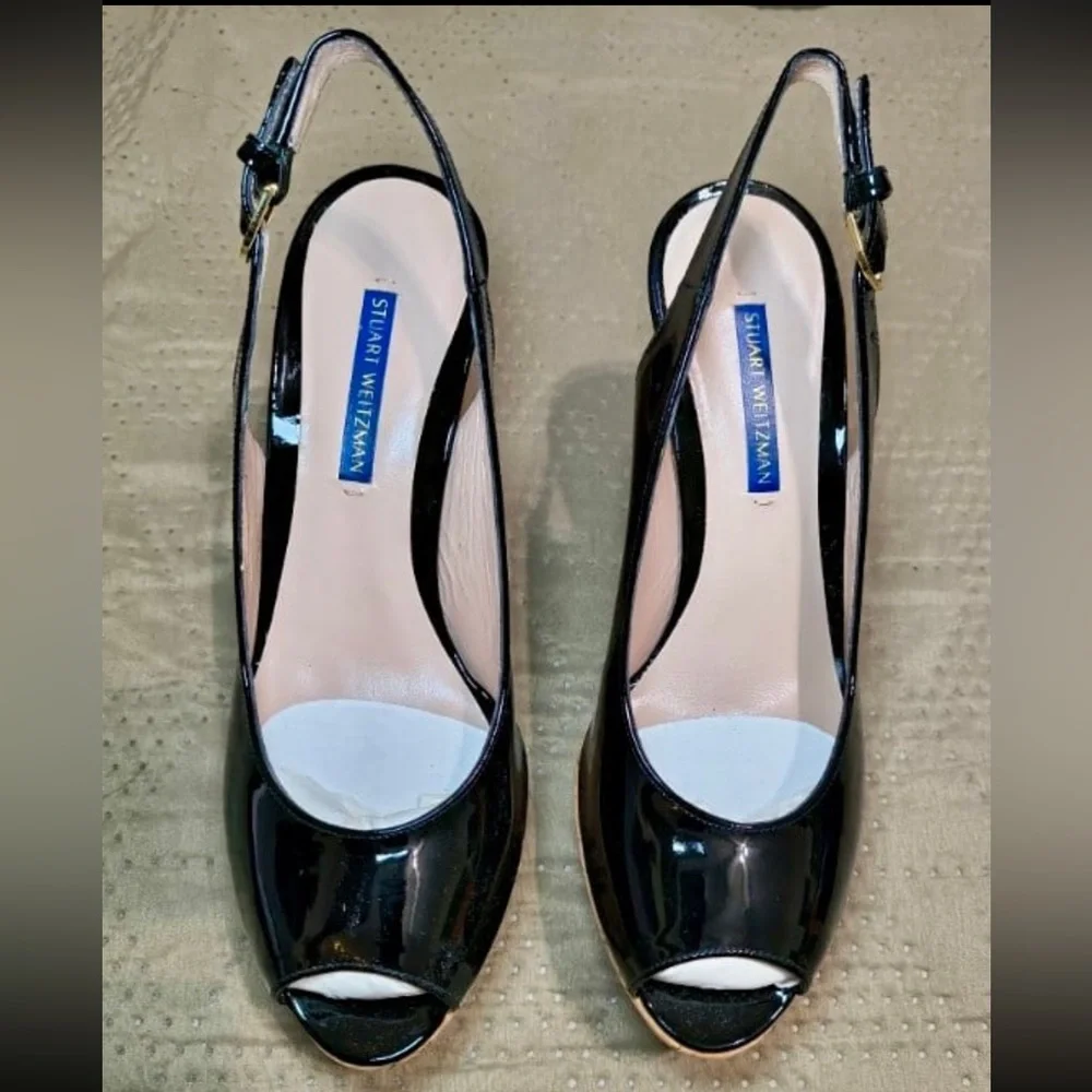 NEW Stuart Weitzman “Jean” Black Patent Leather Slingabck Cork Wedge - US 7.5 - Picture 2 of 8